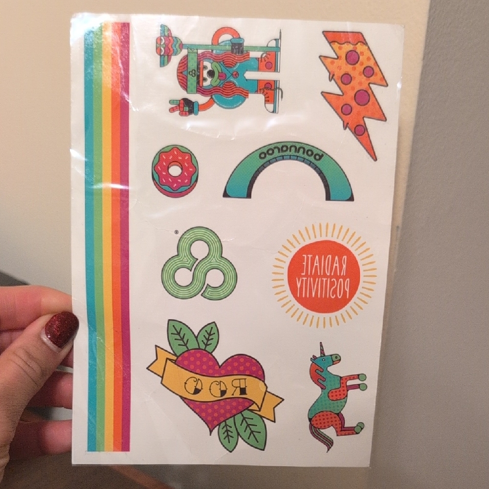 Bonaroo Temporary Tattoos Colorful Sheet with Positive Designs